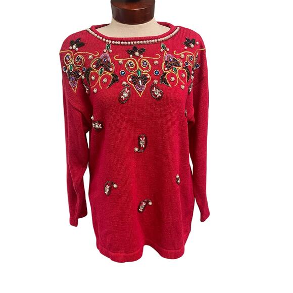 Victoria Jones Vintage Beaded Tunic Sweater Size Small Knit Holiday Glam Bling - Picture 1 of 5